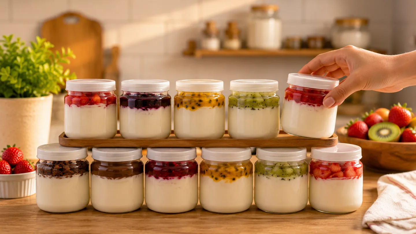 Potes de iogurte organizados em pequena produção