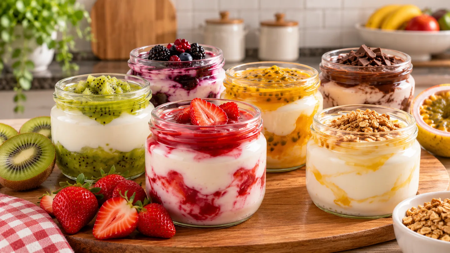 Vários sabores de iogurte artesanal